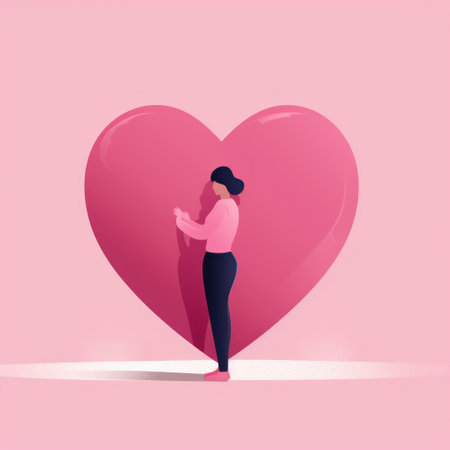 Girl holding big pink heart. Valentines day concept. Vector illustrationの素材