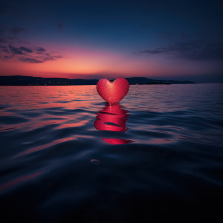 Red heart in the water at sunset. Valentines day background.の素材