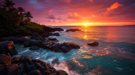Tropical sunset on the beach with palm trees and rocks.の素材