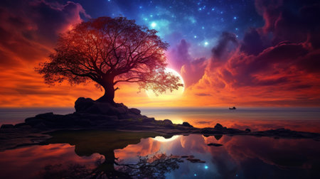Fantasy landscape with a lonely tree on the background of the night skyの素材