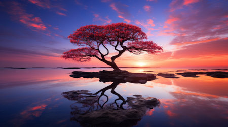 Bonsai tree at sunset with reflection in water, 3d renderの素材