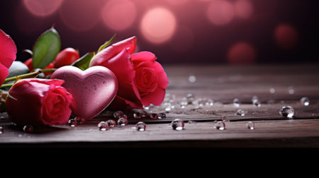Bouquet of red roses and heart on wooden table with bokeh backgroundの素材