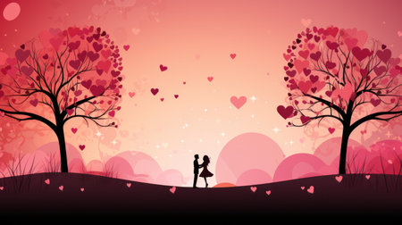 valentine day background with love tree and couple silhouette vector illustrationの素材