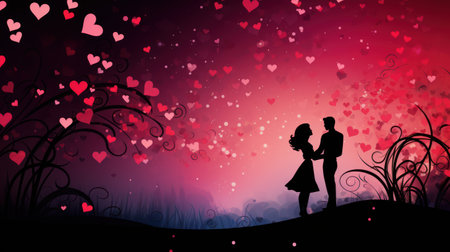 valentine's day background with silhouettes of lovers and heartsの素材