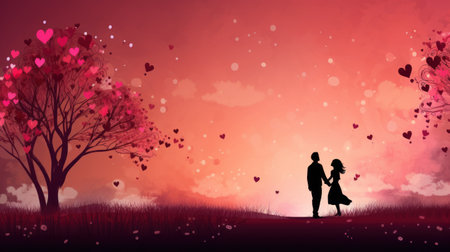 Valentine's Day background with love tree and couple silhouettesの素材