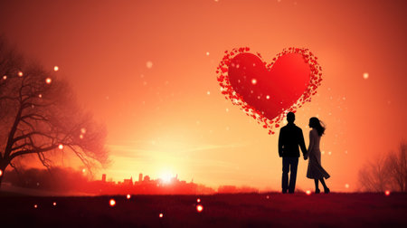 Couple in love holding hands and looking at big red heart on red backgroundの素材