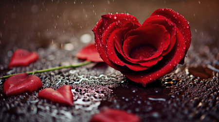 Red rose with drops of water and rose petals on wet backgroundの素材