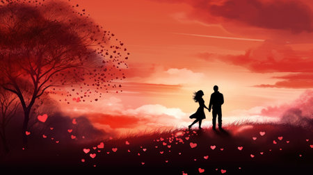 Silhouette of couple in love on sunset background with red heartsの素材