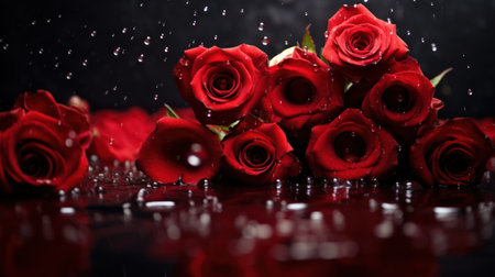 Red roses with water drops on black background. Valentines day concept.の素材