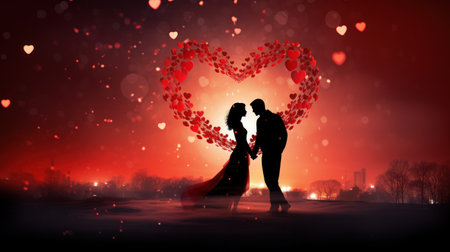 Silhouette of loving couple against heart-shaped lights on backgroundの素材