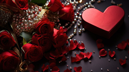 Valentine's Day background with red roses and heart on black backgroundの素材