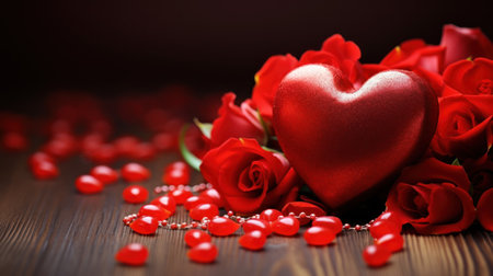 Valentines day background with red roses and heart on wooden tableの素材