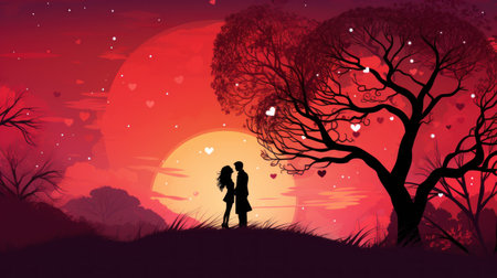 Valentine's day background with couple in love silhouettes.の素材