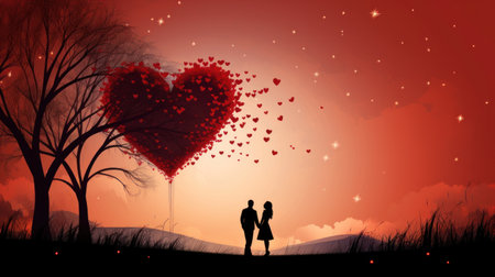 Silhouette of happy couple in love with red heart shape backgroundの素材