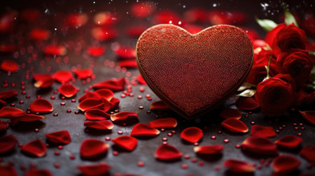 Valentine's day background with red roses and heart shaped boxの素材