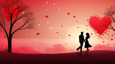 Silhouette of romantic couple in love on Valentine's day backgroundの素材