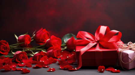 Valentine's Day background with red roses and gift box.の素材