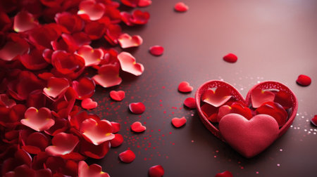 Valentine's day background with red hearts and rose petalsの素材