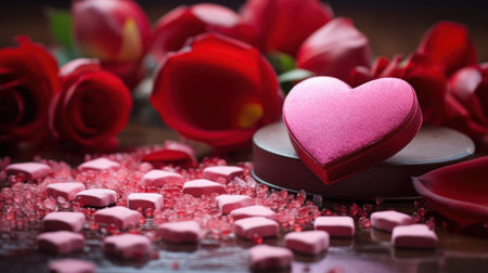 Valentine's day background with red roses and heart-shaped boxの素材