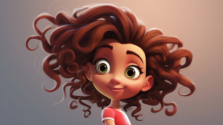 Cute Cartoon Girl with Curly Hair - 3D Illustrationの素材