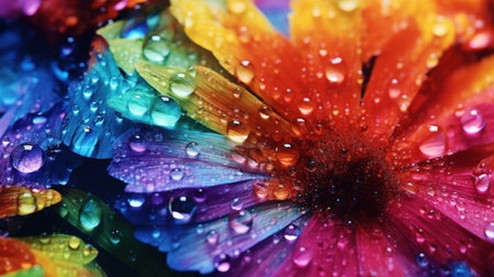 Colorful daisy flowers with water drops close-up macro photographyの素材