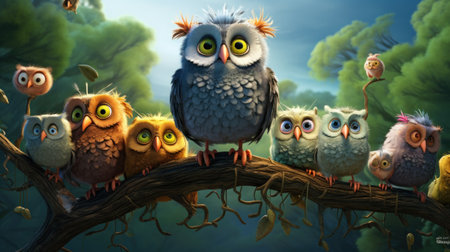 cartoon scene with owl family in the forest - illustration for childrenの素材