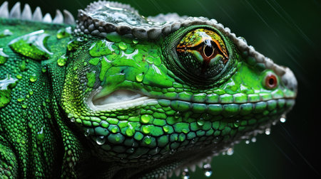 Close up of a green chameleon with raindrops on its eyeの素材