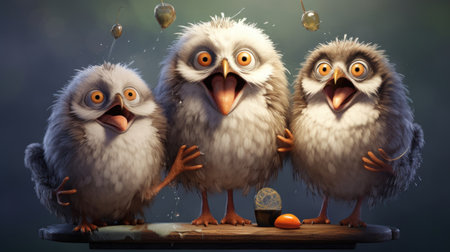 Three funny owls with eggs on dark background. 3d illustrationの素材