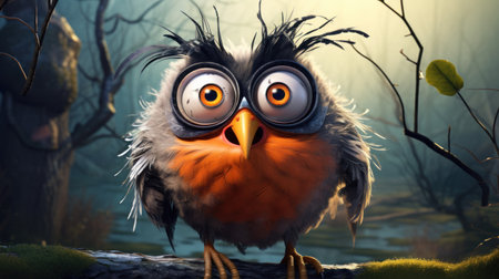 Funny owl with big eyes in the forest. 3d renderingの素材