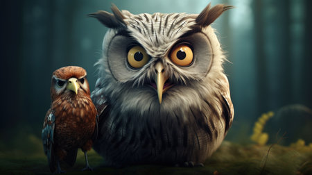Owl and owl on a dark forest background. 3d renderingの素材