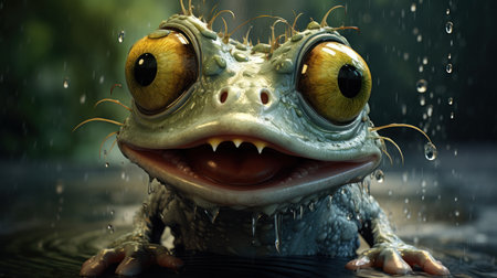 Funny frog with big eyes in rain. 3D rendering.の素材