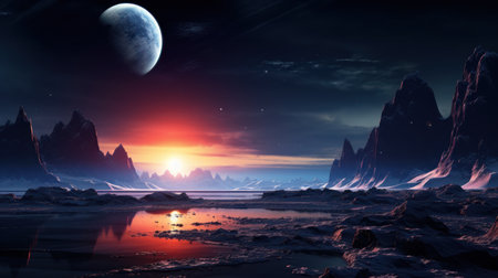 Fantasy alien planet. Mountain and lake. 3D illustration.の素材