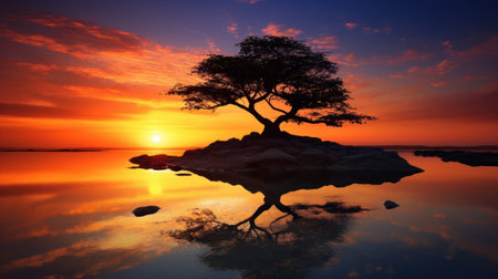 Silhouette of a tree on a rock with reflection at sunsetの素材