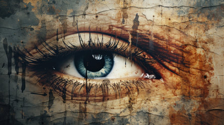 Beautiful woman's eye with blood on the face. Grunge backgroundの素材