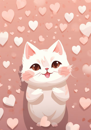 Vector illustration of a cute white cat on a pink background with heartsの素材
