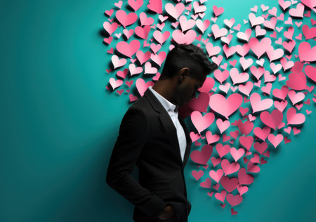 Young man in black suit standing in front of wall full of pink heartsの素材