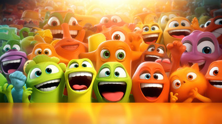 Funny cartoon faces. 3d illustration. Blurred background.の素材