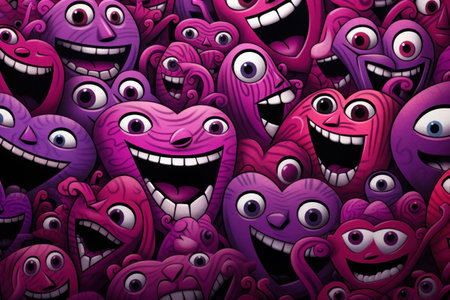Funny cartoon monster faces background. Vector illustration. Comic book style.の素材
