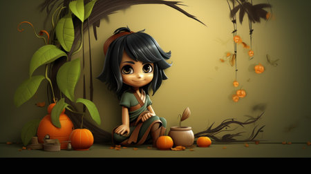 Illustration of a little girl sitting on the ground with pumpkinsの素材