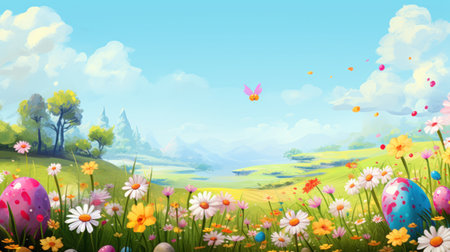Spring meadow with flowers and easter eggs. Vector illustration.の素材