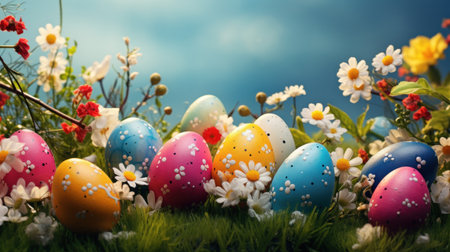 Colorful easter eggs on green grass with flowers and copy spaceの素材