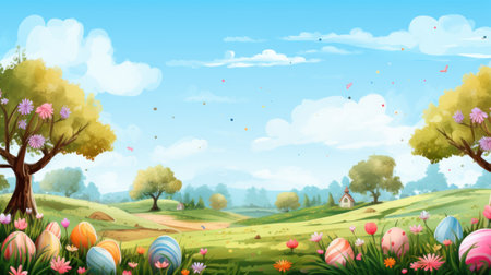 Easter background with colorful eggs in meadow. Vector illustration.の素材