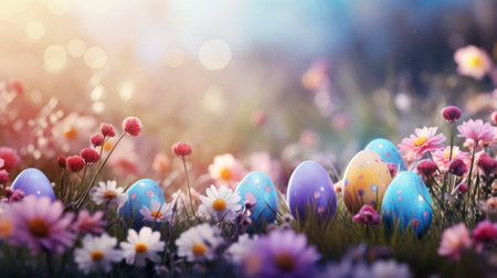 Easter eggs in the grass with flowers and bokeh effectの素材