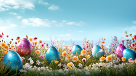 Colorful easter eggs in grass with flowers and blue sky backgroundの素材