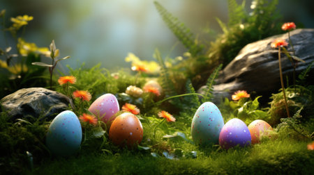 Colorful easter eggs in green moss with flowers on blurred backgroundの素材