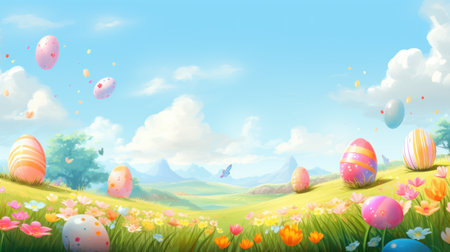 Easter background with colorful eggs in the meadow. Vector illustration.の素材