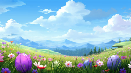 Easter eggs on meadow with flowers and blue sky with cloudsの素材
