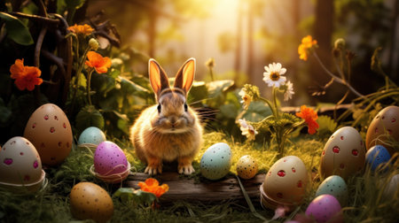 Easter bunny and easter eggs in garden. Happy Easter.の素材