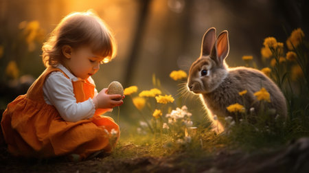 Adorable little girl with easter bunny in the park at sunsetの素材