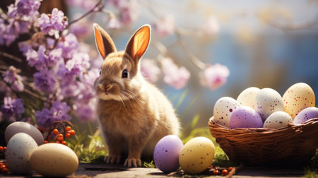 Easter bunny with basket of eggs and spring flowers on wooden backgroundの素材
